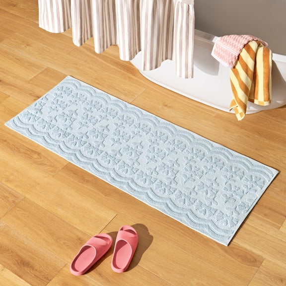 Beautiful Floral Block Scallop Bath Runner Rug by Drew Barrymore, Hydrangea Blue, 24" x 60"