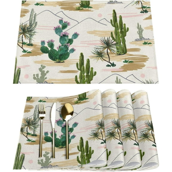 Beautiful Floral Cactus Succulents Placemats Set of 6 Fabric Placemats Square Placemat for Kitchen Table Heat Resistant, Easy to Clean Table Placemats 12x18 Inch