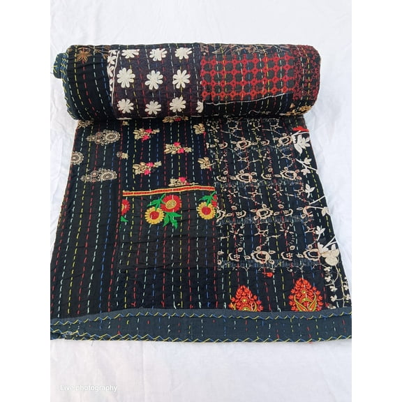 Beautiful Floral Handmade Kantha Quilt Unique Design Handmade Kantha Quilted Bedding Bedspread Handblock Print Throw Blanket Well-Looking
