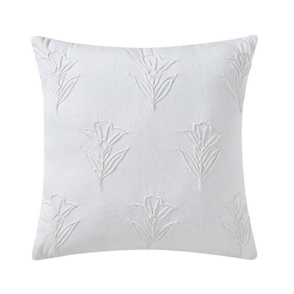 Beautiful Floral Pleated Cotton Decorative Pillow by Drew Barrymore, 20" x 20", White