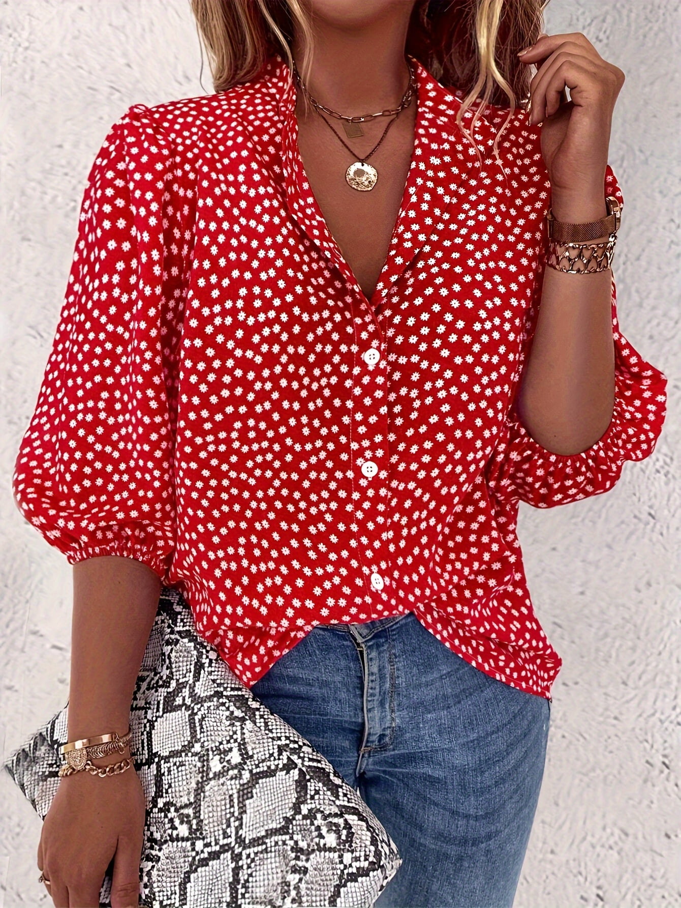 Beautiful Floral Print Puff Sleeve Shirt Sophisticated ButtonDown Front, Relaxed Fit