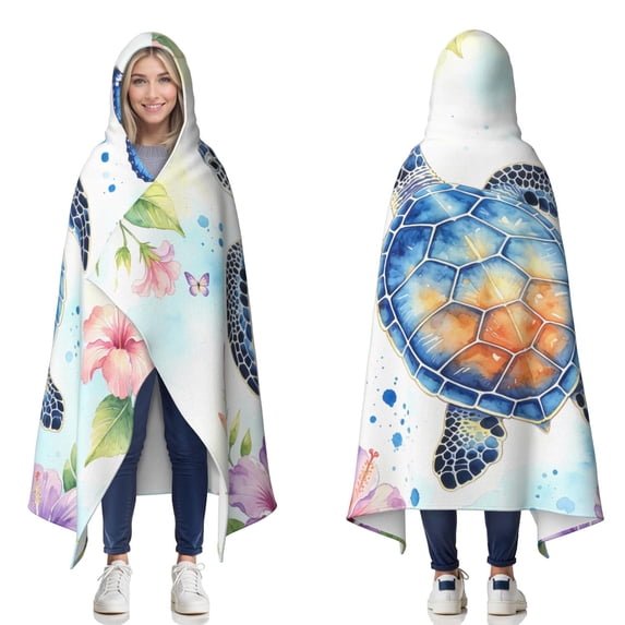 Beautiful Floral Sea Turtle Wearable Blanket Hoodies for Women Men Adults Sea Turtle Lovers Cozy Warm Funny Blue Butterfly Sea Turtles Hooded Blankets for Sofa Bed Decor Birthday Gifts 60x80 Inch