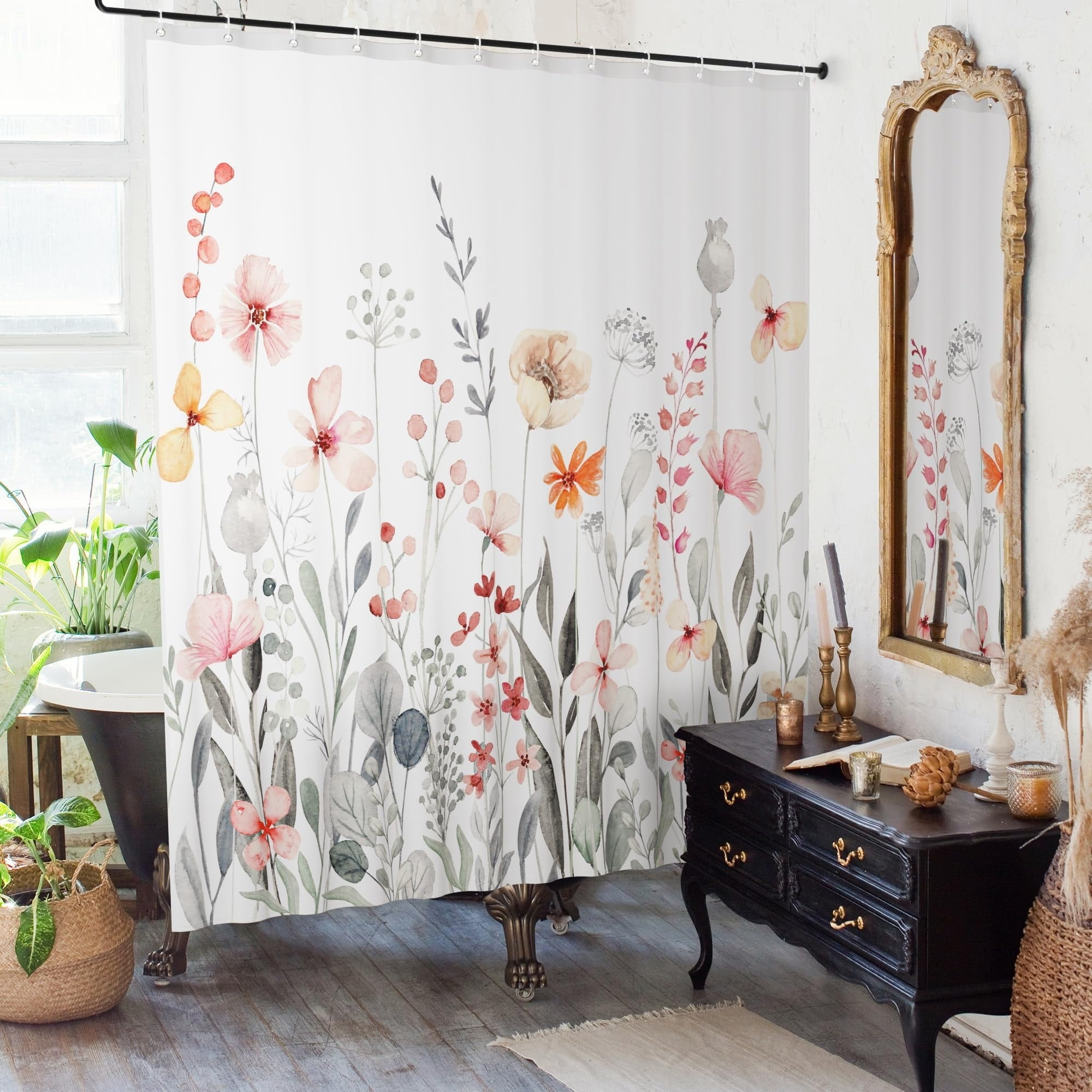 Elegant White Floral Fabric Shower Curtain - 72" x 72"