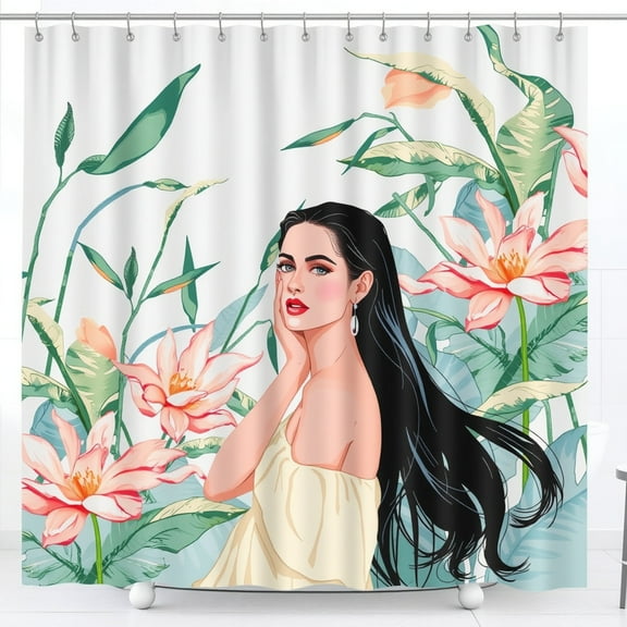 Beautiful Floral Shower Curtain with Elegant Woman Design