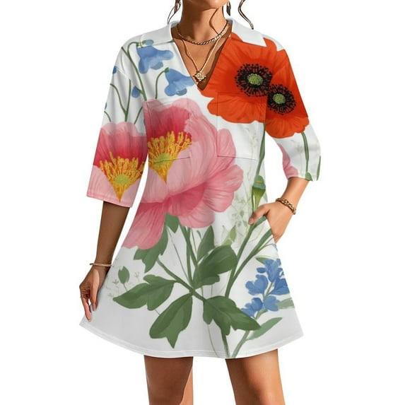 Beautiful Floral Summer Bouquet Art Womens Dress With Pockets Summer V Neck 3/4 Sleeve Dress Plus Size Loose Dress
