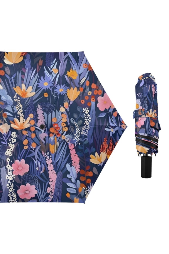 Beautiful Florals All Weather Umbrella Triple Folding Parasol 6 Ribs UV Protection Portable