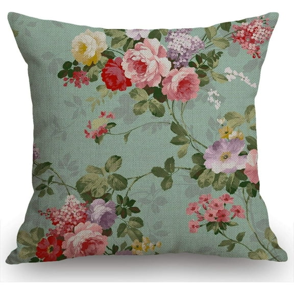 Beautiful Flower Decorative Cotton Linen Throw Waist Pillow Case Cushion Cover Floral Pillowcase 18x18 Inches