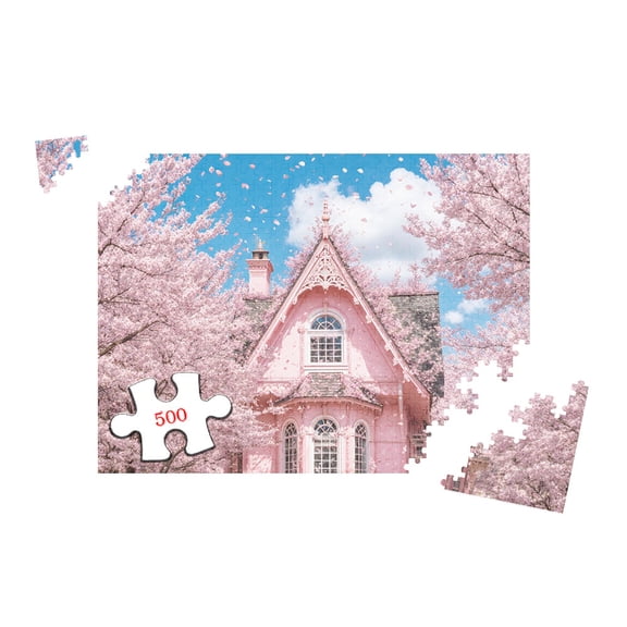 Beautiful Flower House 500 Piece Jigsaw for Adults, Pink Cottage with Cherry Blossoms Spring Landscape Art, Home Decor and Relaxation, 20.5x15 Inch Challenging Puzzle for Puzzle Enthusiasts