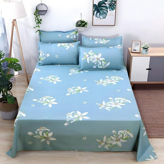 Beautiful Flower Print Bed Sheet, 78.74x90.55 Inch Polyester Fabric With Right Angle Design, Soft Washable Fitted Sheet For Queen King Size Beds, Colorfast Home Bedding (B)