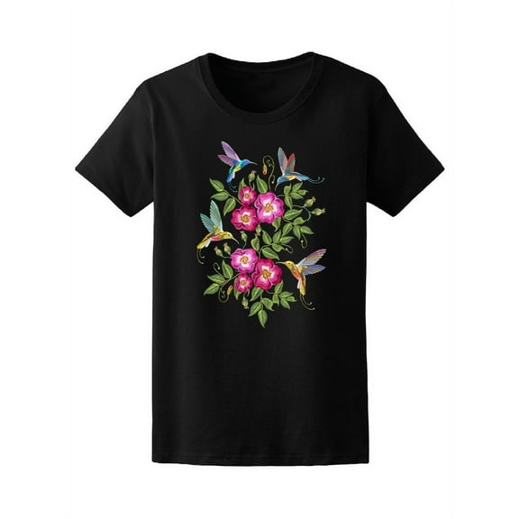 Beautiful Flowers & Hummingbirds T-Shirt Women -Image by Shutterstock, Female Large