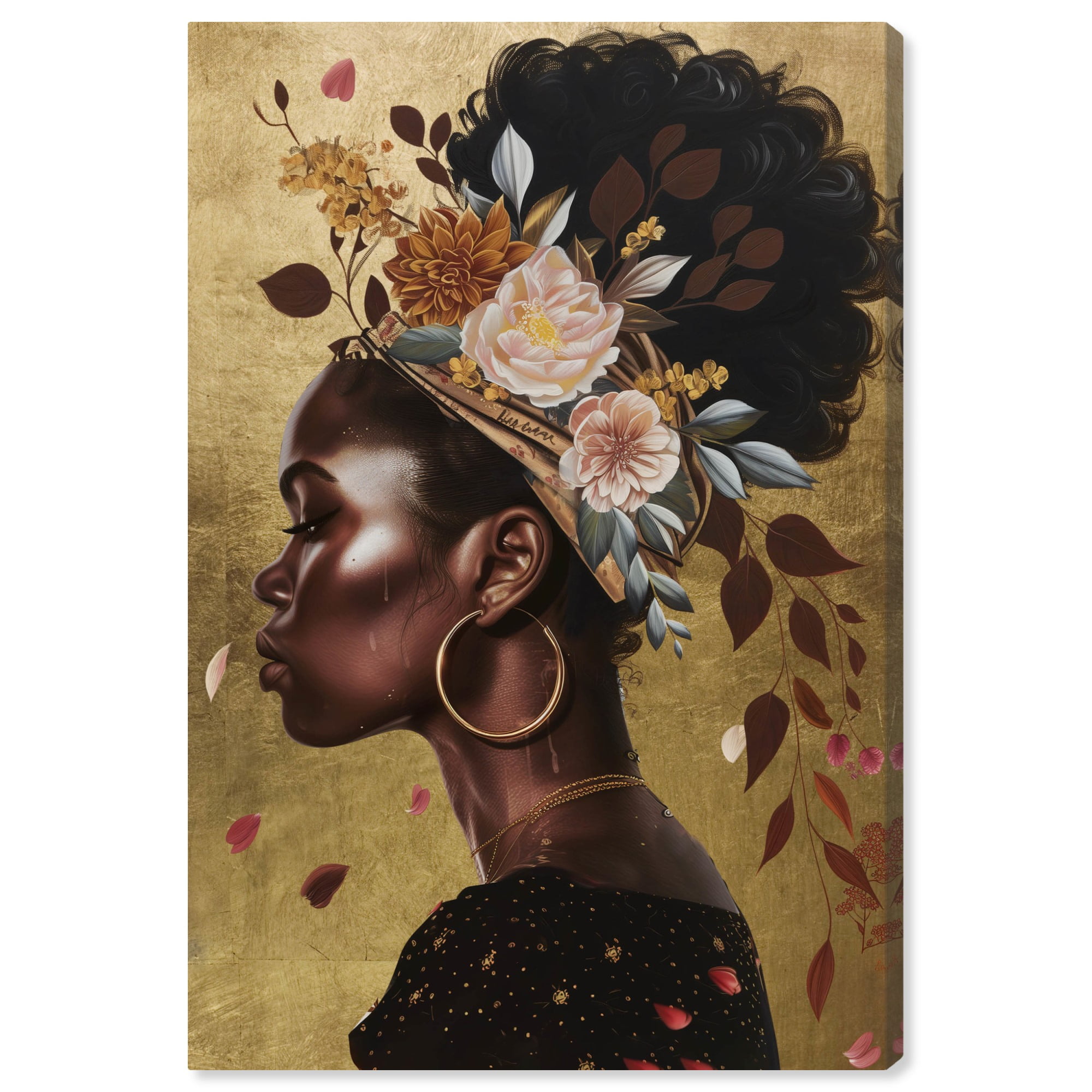 Golden Floral Crown Canvas Art with Black Background