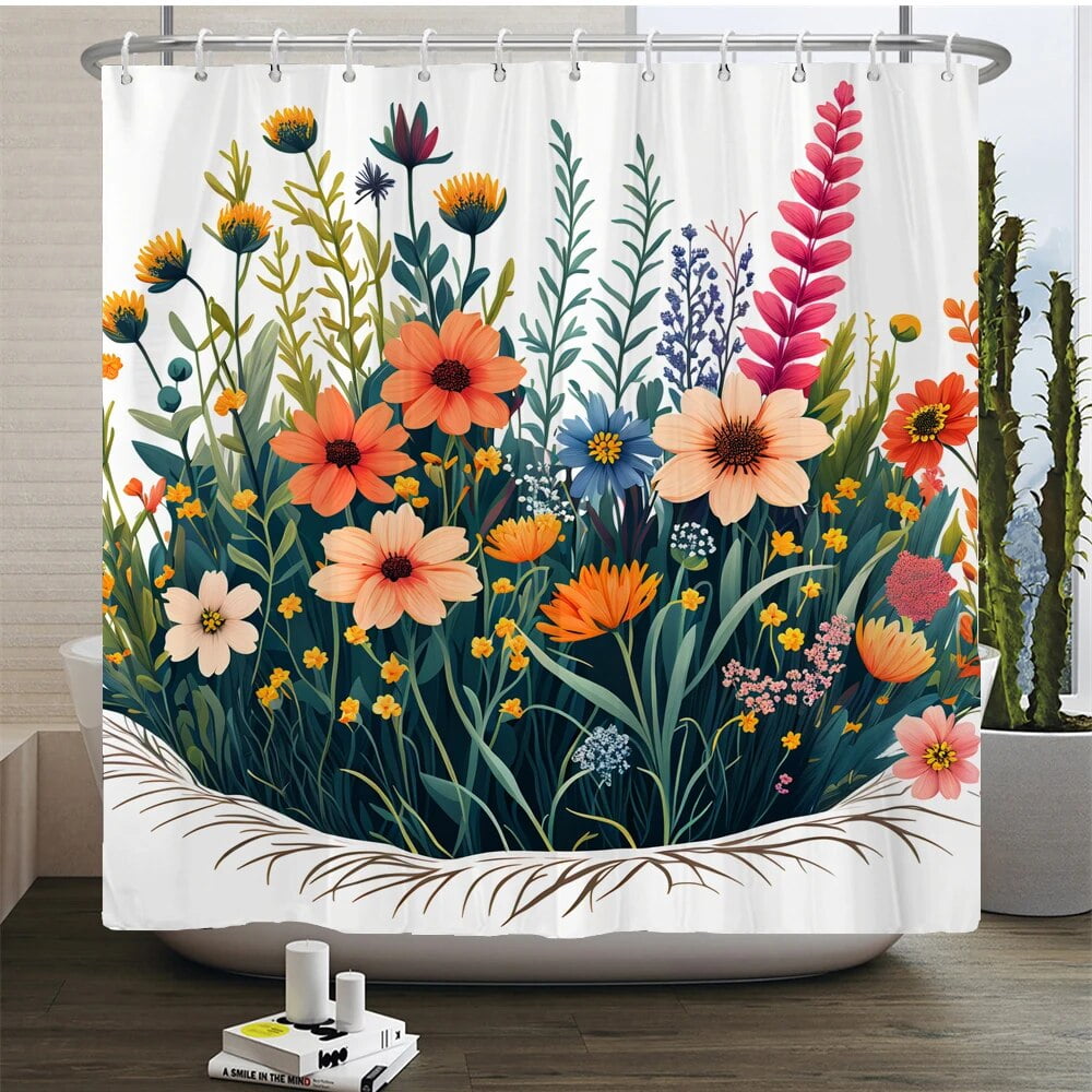 Beautiful Flowers Shower Curtain Watercolor Leaves on The Top Plant ...