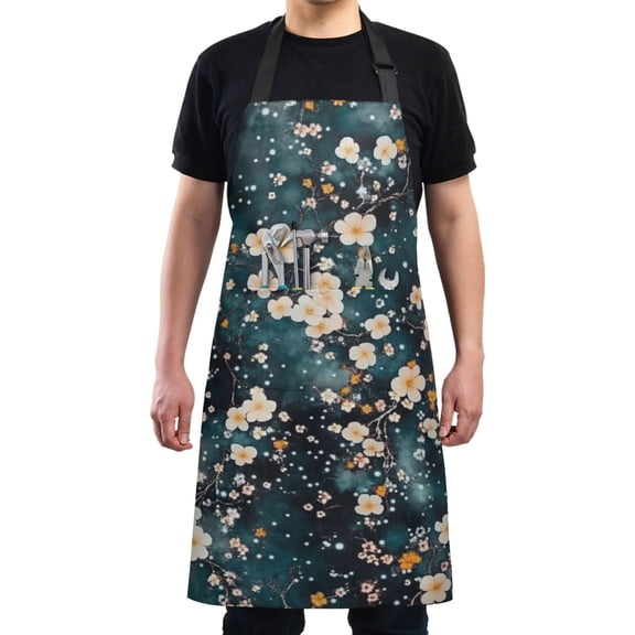 Beautiful Flowers on Green Background Chef Kitchen Apron with Pockets for Women Waterproof Aprons for Cooking Baking