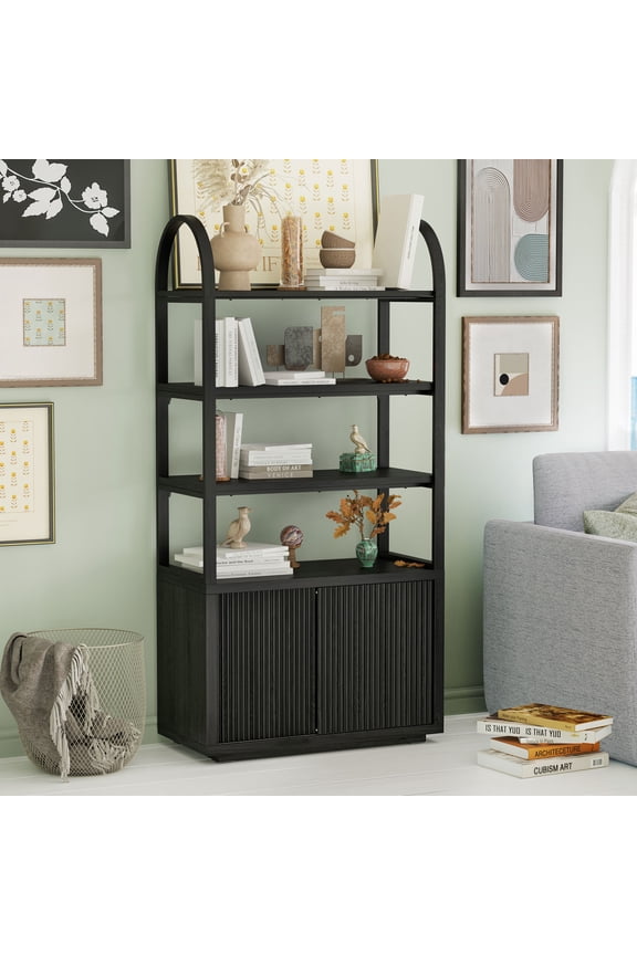 Fluted 3-Shelf Bookcase with Storage Cabinet by Drew Barrymore, Rich Black Finish