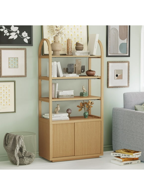 Beautiful Fluted 3-Shelf Bookcase with Storage Cabinet by Drew Barrymore, Warm Honey Finish