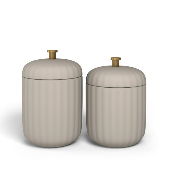 Beautiful Fluted Stoneware 2-Piece Vanity Jar Set by Drew Barrymore, Porcini Taupe
