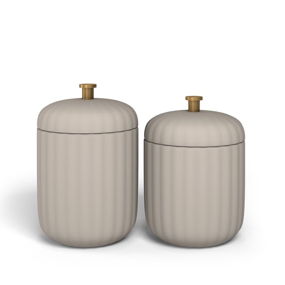Beautiful Fluted Stoneware 2-Piece Vanity Jar Set by Drew Barrymore, Porcini Taupe