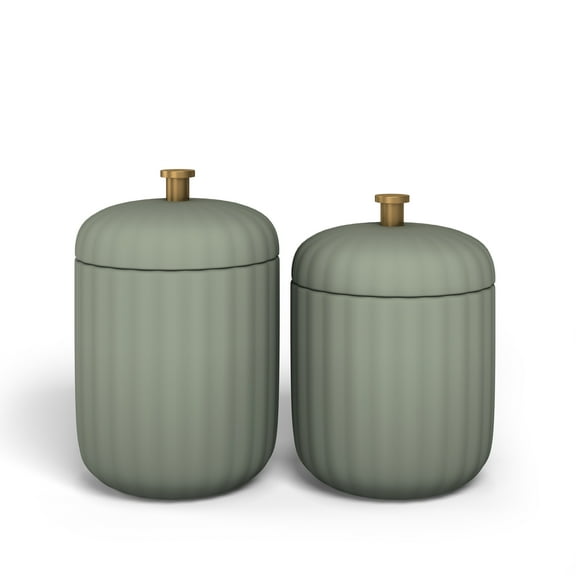 Beautiful Fluted Stoneware 2-Piece Vanity Jar Set by Drew Barrymore, Sage