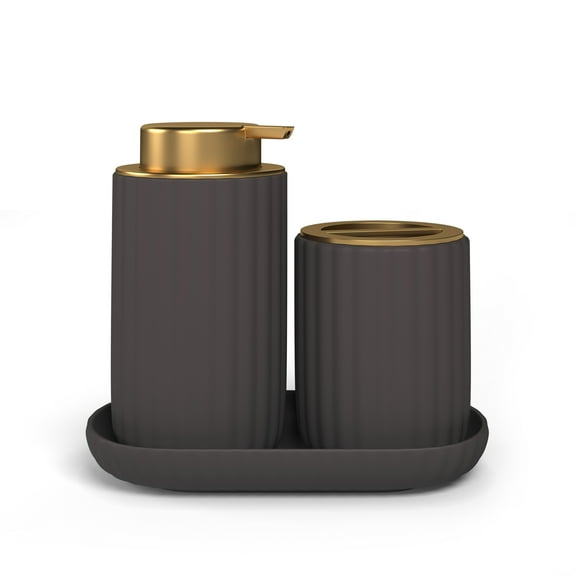 Beautiful Fluted Stoneware Bath Accessories 3-Piece Set by Drew Barrymore, Charcoal Gray