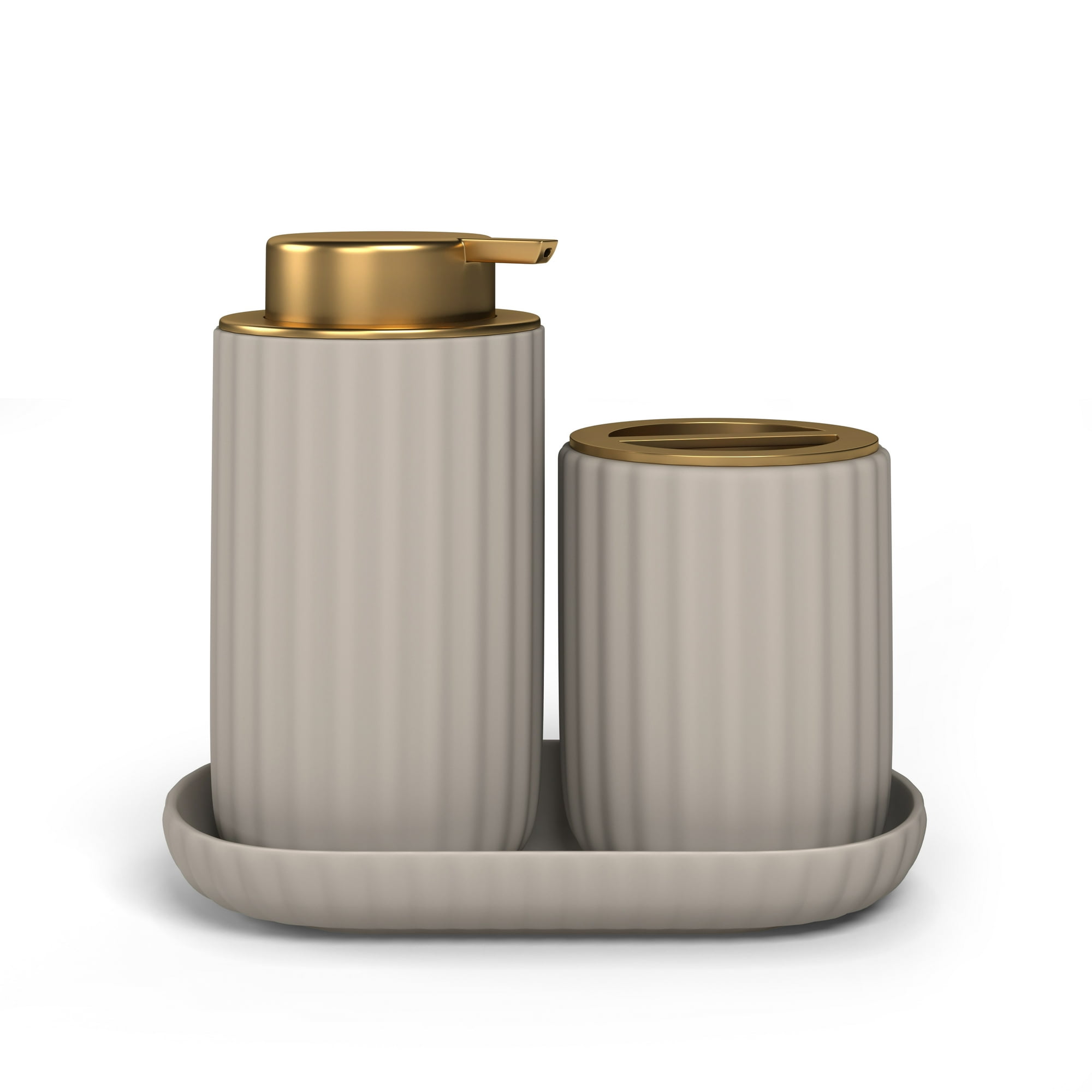 Beautiful Fluted Stoneware Bath Accessories 3-Piece Set by Drew Barrymore, Porcini Taupe
