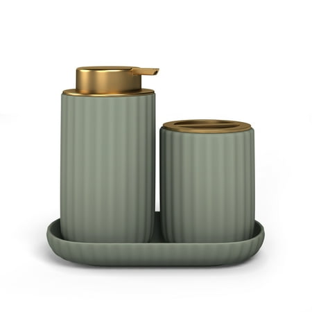 Beautiful Fluted Stoneware Bath Accessories 3-Piece Set by Drew Barrymore, Sage