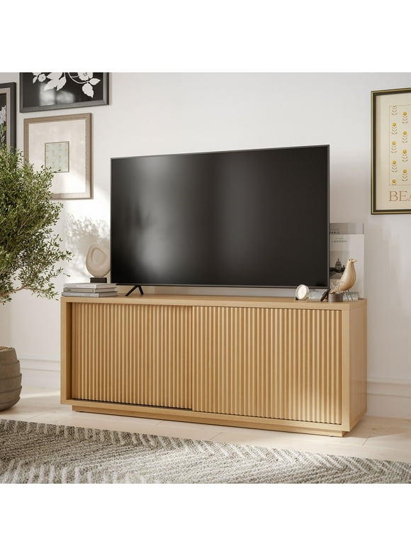 Beautiful Fluted TV Stand for TV’s up to 70” by Drew Barrymore, Warm Honey Finish