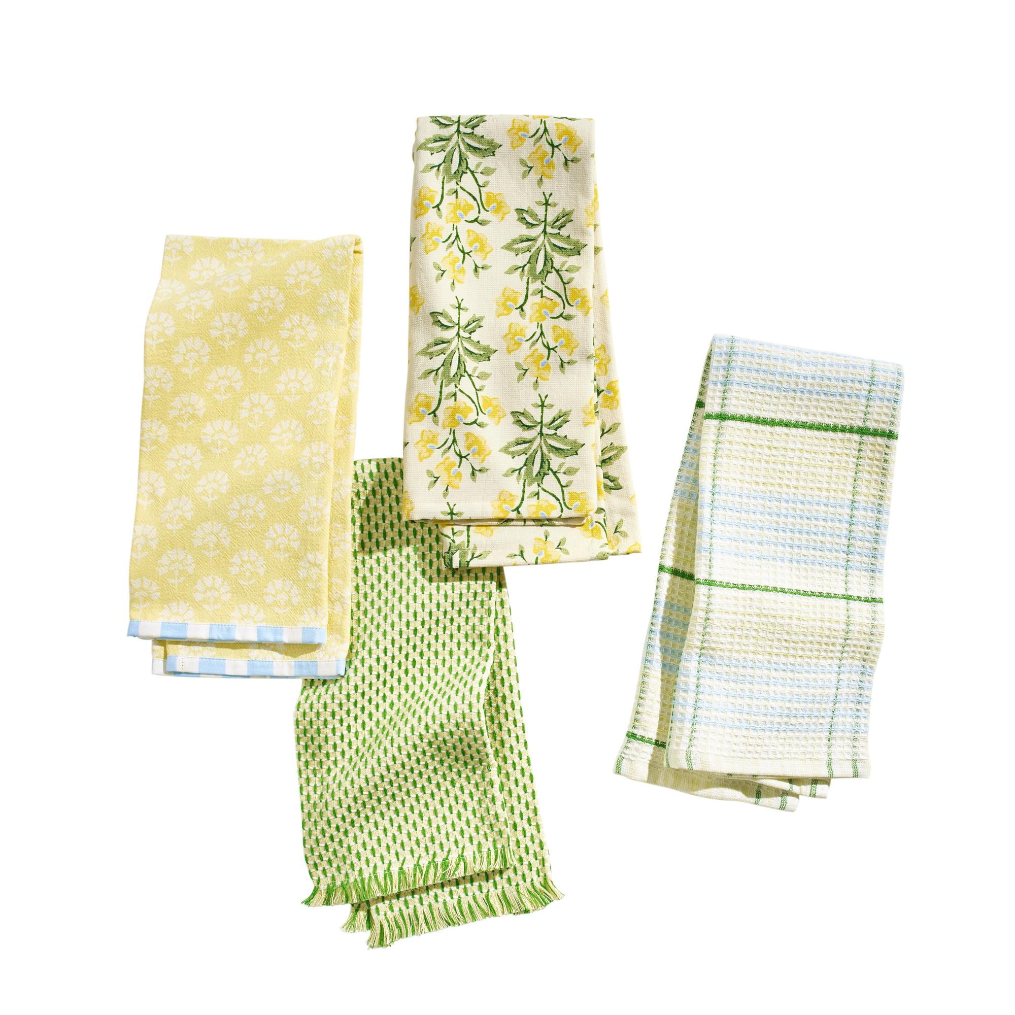Beautiful Home by Drew Barrymore Floral Trellis Kitchen Towel Set, 4 Piece, Buttercream, 18" x 28"