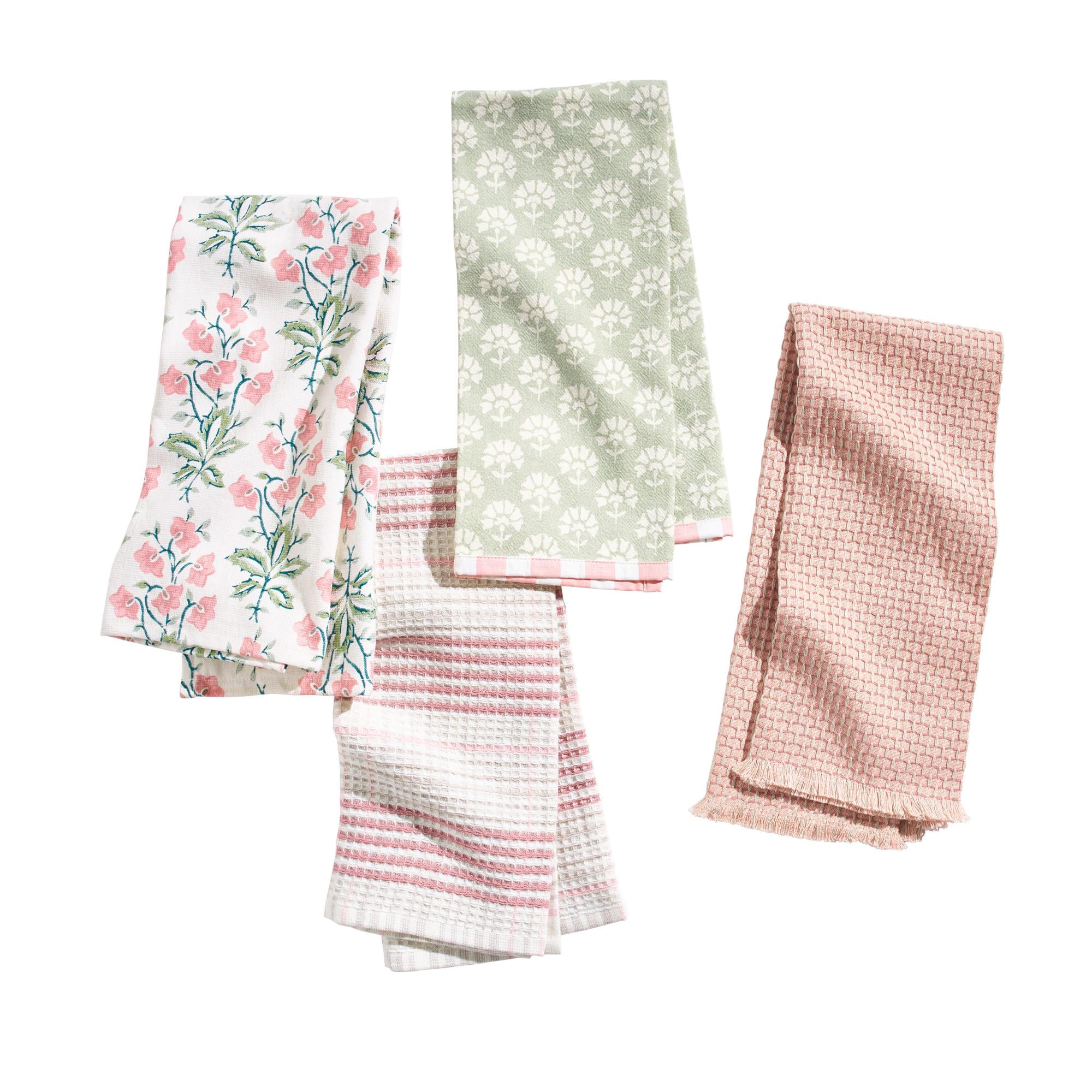 Beautiful Home by Drew Barrymore Floral Trellis Kitchen Towel Set, 4 Piece, Rose, 18" x 28"