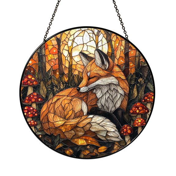 Beautiful Forest Fox with Glowing Mushrooms Spring Suncatcher Art