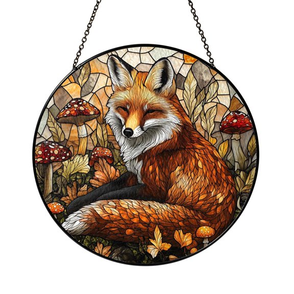 Beautiful Forest Fox with Glowing Mushrooms Spring Suncatcher Sun