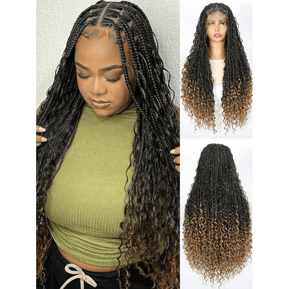 More Beautiful Full Lace Knotless Boho Goddess Box Braids Wig for Black Women, 36 inches Synthetic Ombre T1B/30 with Curly Ends & Pre-Plucked Baby Hair