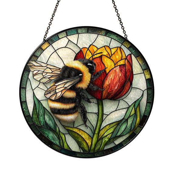 Beautiful Fuzzy Bee And Red Tulip Suncatcher Hanging Present Glass