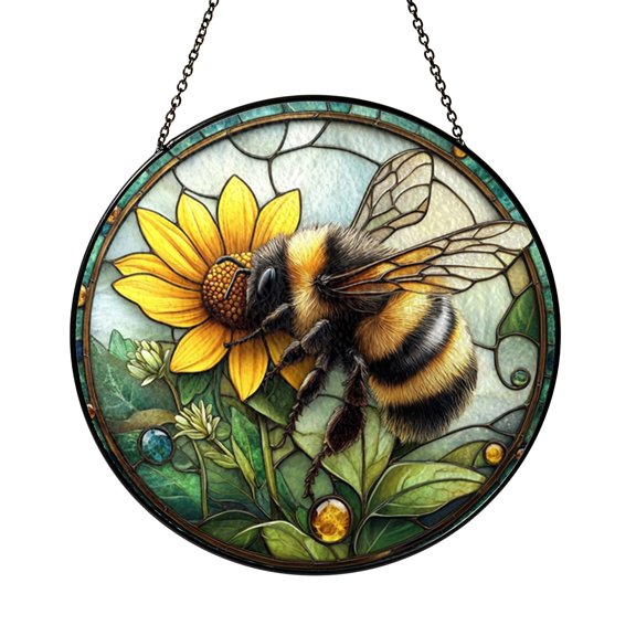 Beautiful Fuzzy Bee And Yellow Daisy Suncatcher Window Hanging Glass