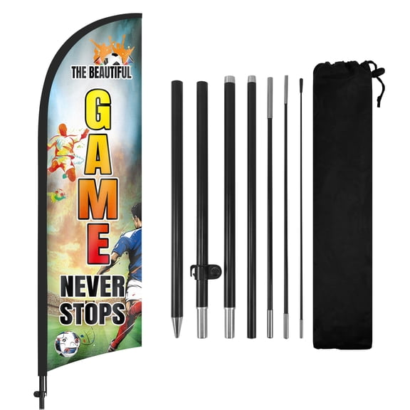 The Beautiful Game Never Stops Swooper Flags with Pole and Ground Spike, 8FT Tall Feather Advertising Banner for Sports Shops, Game Day Promotions Events
