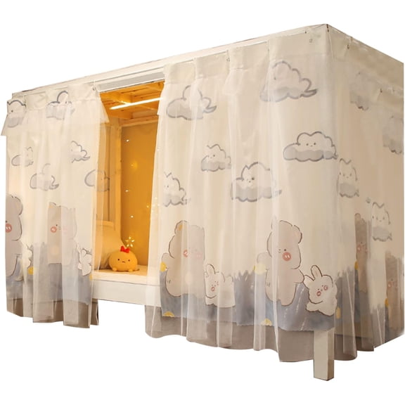 Beautiful Gauze Bunk Bed Curtains Drapes with Lace Privacy Bed Canopy for Bottom, 2 Panels, Bear Rabbit