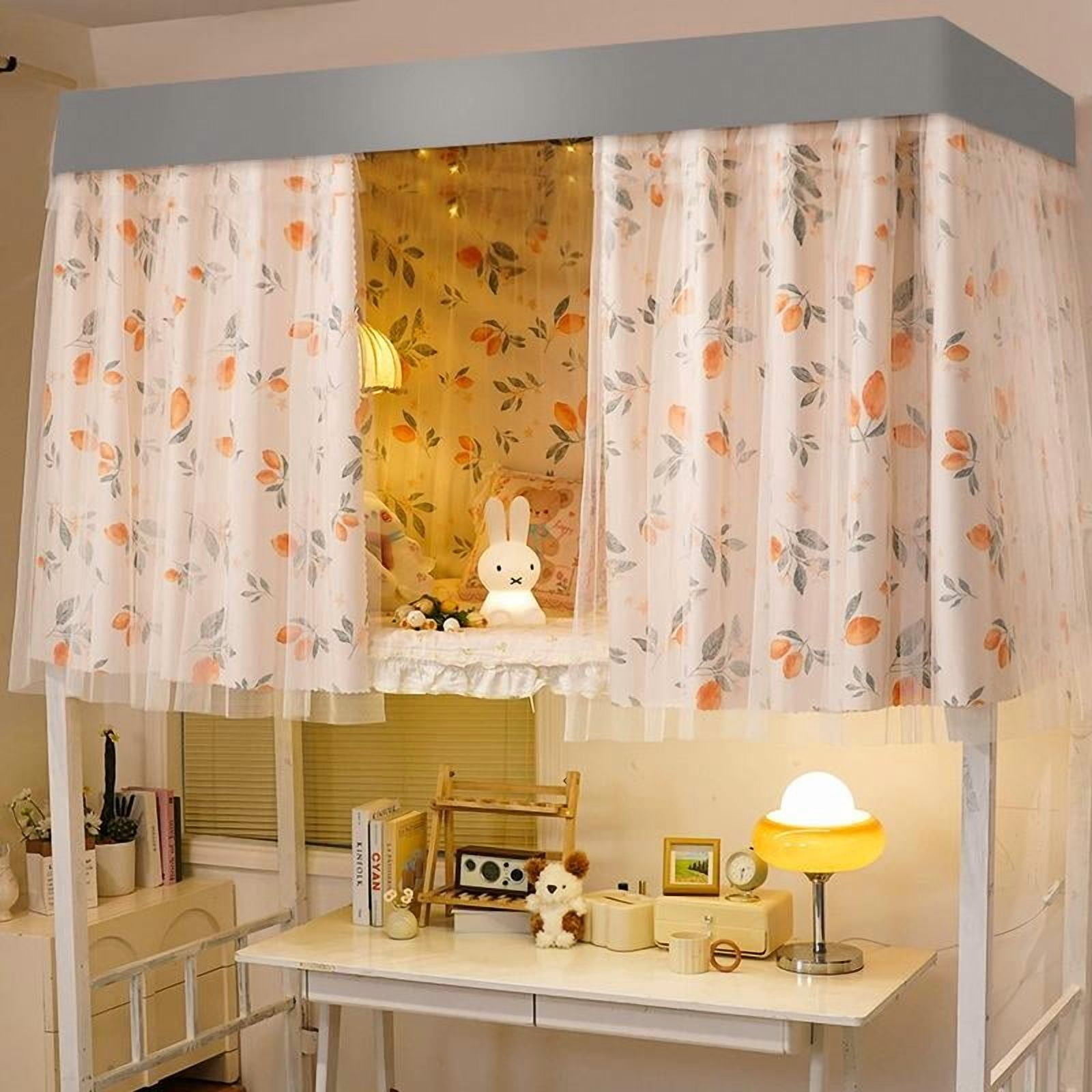 Beautiful Gauze Bunk Bed Curtains Drapes with Lace Privacy Bed Canopy for Bottom, 2 Panels and Top cover