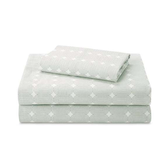Beautiful Geometric 3-Piece 100% Cotton Percale Sage Green Sheet Set, Twin by Drew Barrymore