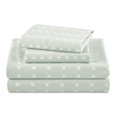Beautiful Geometric 4-Piece 100% Cotton Washed Percale Sage Green Sheet Set, Full by Drew Barrymore