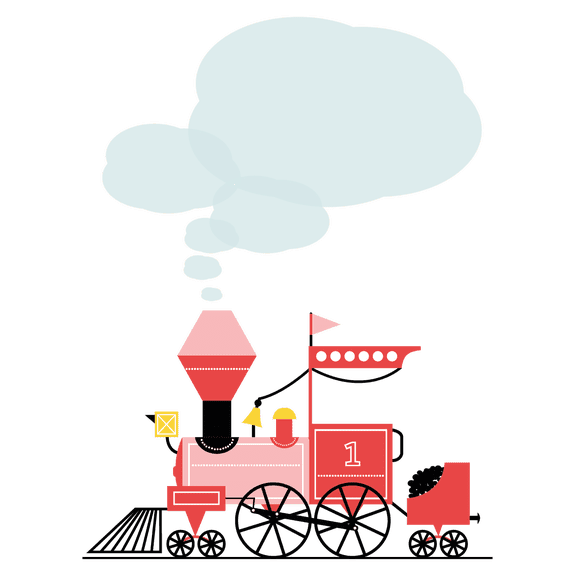 Beautiful and Geometric Art Design of a Red Coal Train with Smoke Vinyl Wall Decal - Simplistic Vintage Freight Train with Flag and One on the Side Cartoon Drawing for Kid's Bedroom Wall Decoration -