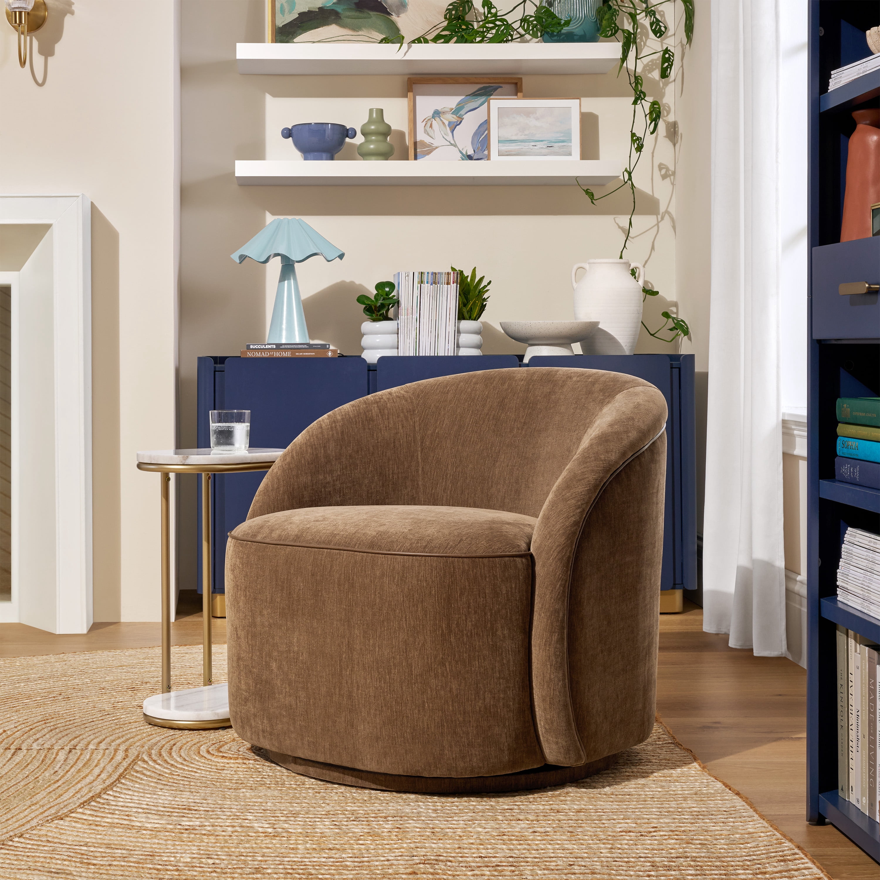 Beautiful Georgiana Swivel Chair by Drew Barrymore, Chocolate with Faux Leather Piping