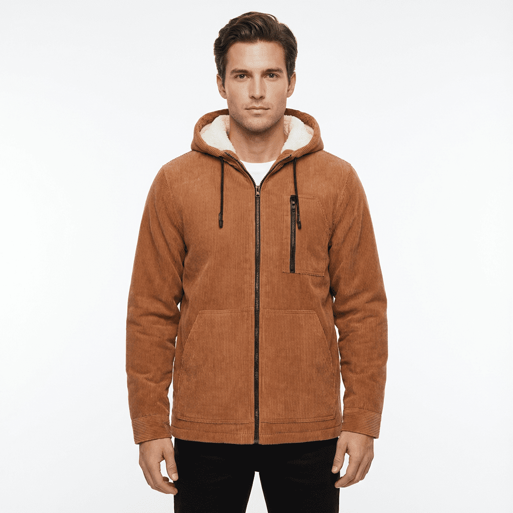 Beautiful Giant Men's Corduroy Jacket with Sherpa Lining Winter Warm Zip-Up Hooded Coat Thick Thermal Outerwear