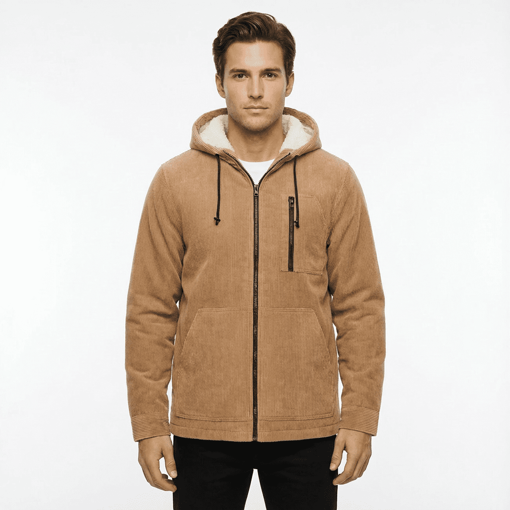 Beautiful Giant Men's Corduroy Jacket with Sherpa Lining Winter Warm Zip-Up Hooded Coat Thick Thermal Outerwear