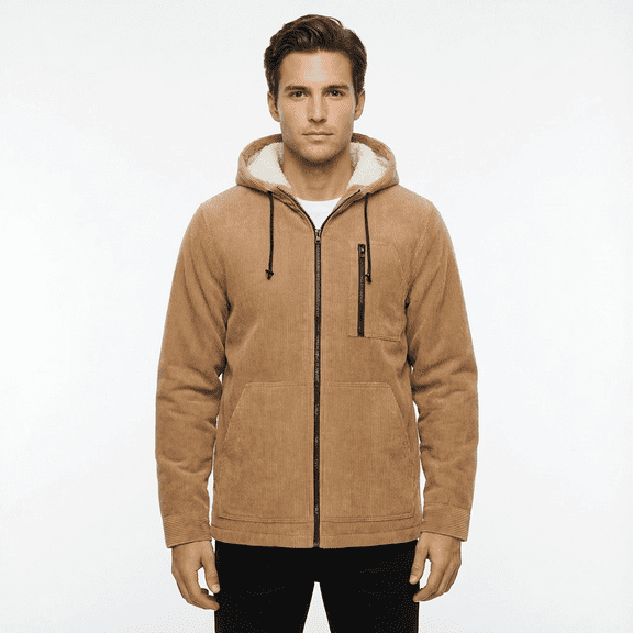 Beautiful Giant Men's Corduroy Jacket with Sherpa Lining Winter Warm Zip-Up Hooded Coat Thick Thermal Outerwear