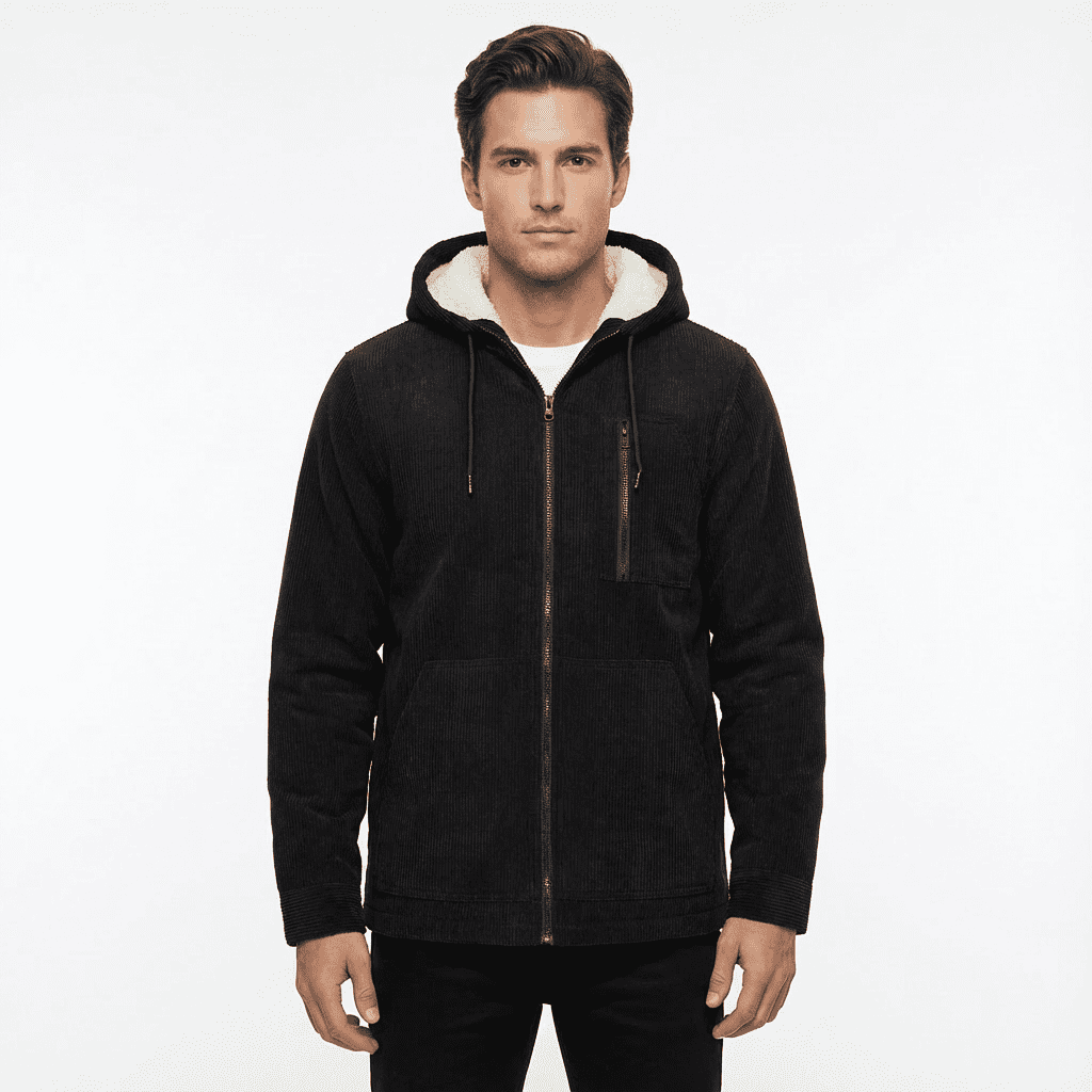 Beautiful Giant Men's Corduroy Jacket with Sherpa Lining Winter Warm Zip-Up Hooded Coat Thick Thermal Outerwear