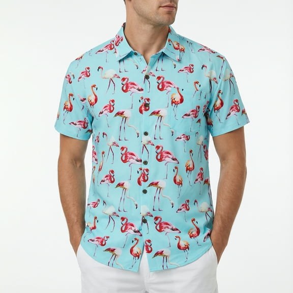 Beautiful Giant Flamingo Casual Button Down Shirts Short Sleeve Hawaiian Shirt for Men