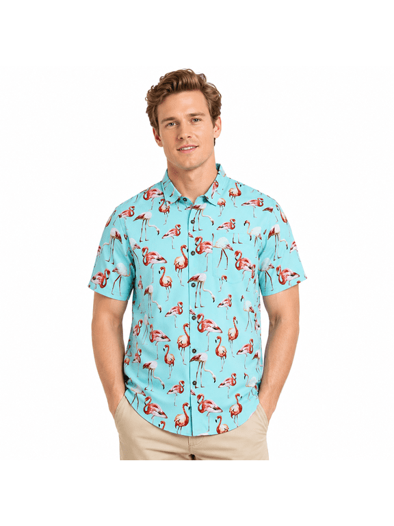 Flamingo Casual Button Down Shirts Short Sleeve Hawaiian Shirt for Men