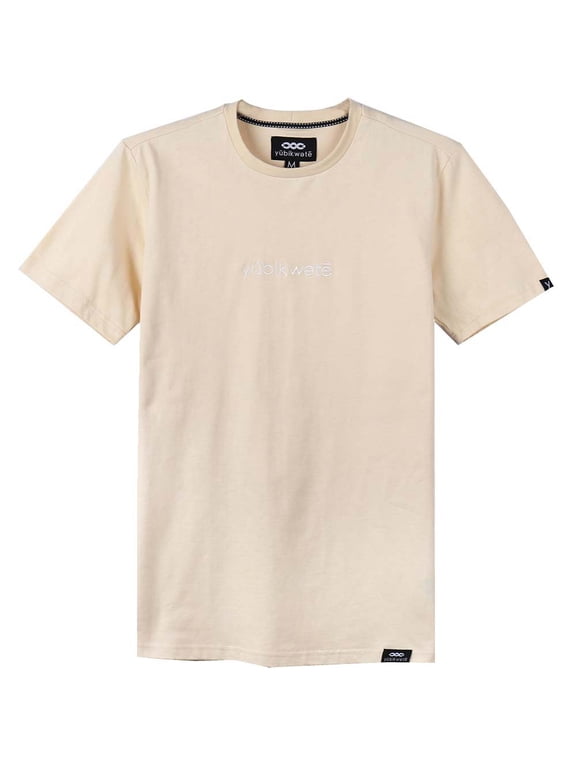 100% Cotton Men's Solid Color T-Shirt with Stylish Logo Simple Look Tee, Cream-2, XL