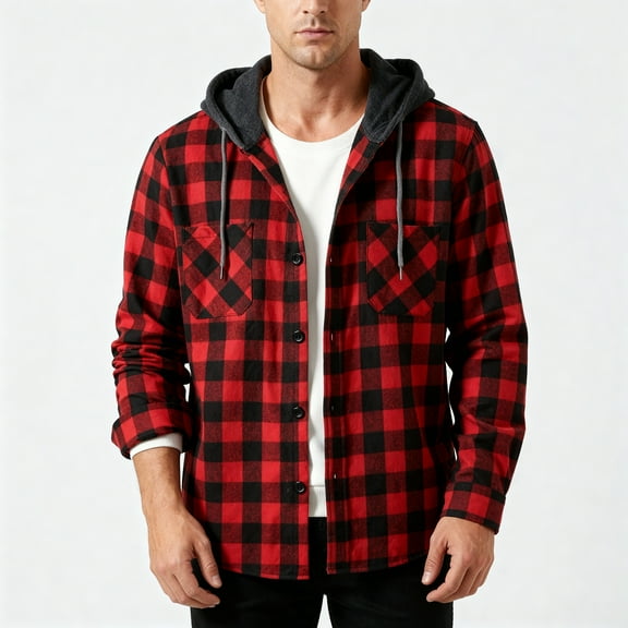 Beautiful Giant Men's Flannel Hoodie Jacket Casual Long Sleeve Button Down Plaid Shirt, Red, Size XL