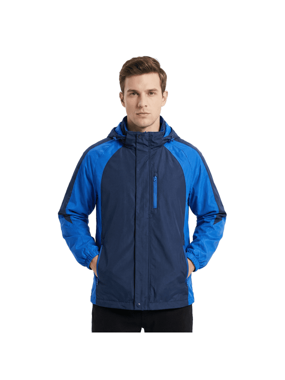 Mens Rain Jacket Fleece Lined Hooded Windbreaker Coat with Zipper Pockets Blue
