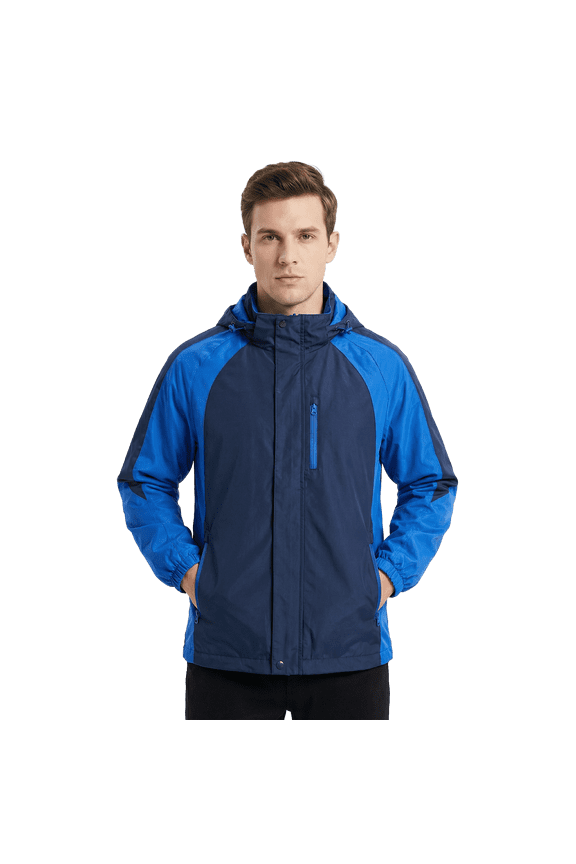 Mens Rain Jacket Fleece Lined Hooded Windbreaker Coat with Zipper Pockets Blue